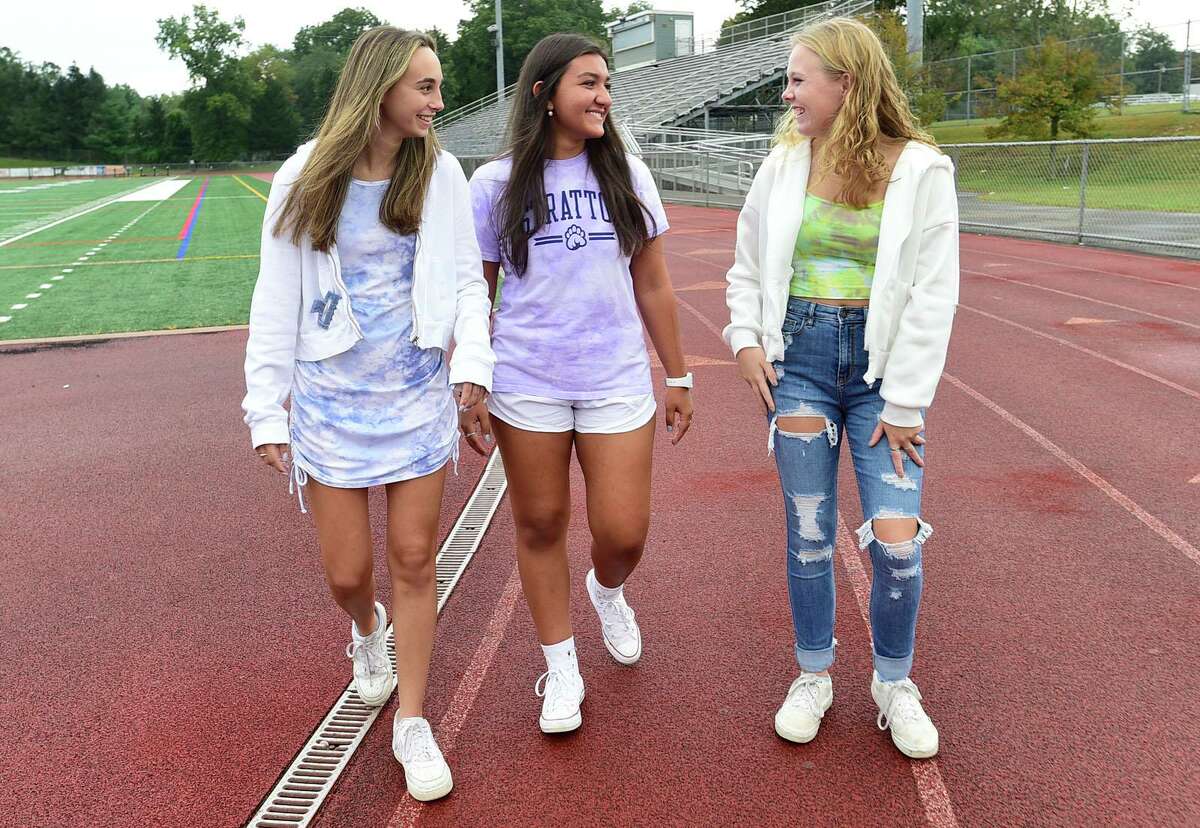 Norwalk High School Senior Class President, Oliva Mattera, center, and her classmates Morgan Minoff and Carly Saunders Tuesday, Setember 28, 2021, at the school in Norwalk, Conn.