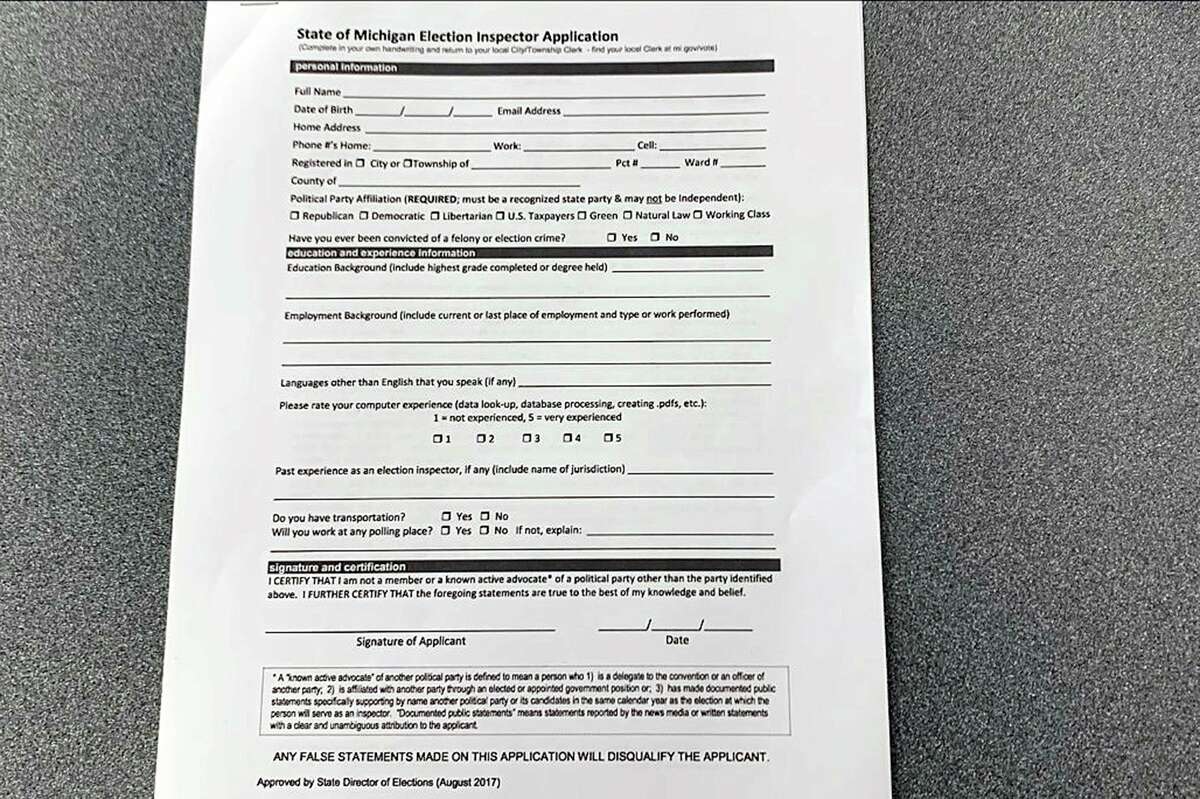 A State of Michigan Election Inspector application shows what is needed to apply to be an election inspector/poll worker. (Jeff Zide/News Advocate)