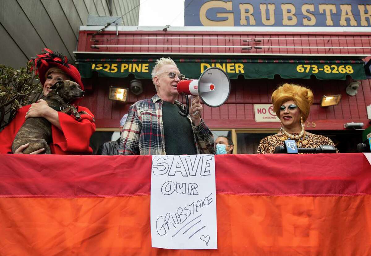 (From left) Donna Sachet, Sister Roma of the Sisters of Perpetual Indulgence and Juanita More speak to the crowd during a rally outside of the Grubstake Diner on Pine Street in San Francisco. Supporters and regulars of the historic Grubstake Diner are protesting against an appeal of a project they’re backing to remodel the crumbling diner and building housing on top of it.