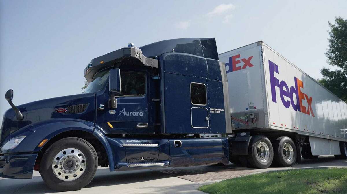 Paccar-built trucks outfitted with the Aurora autonomous driver, pictured, will be running pilot trips hauling FedEx loads between Dallas and Houston this week. (Courtesy of Aurora/TNS)