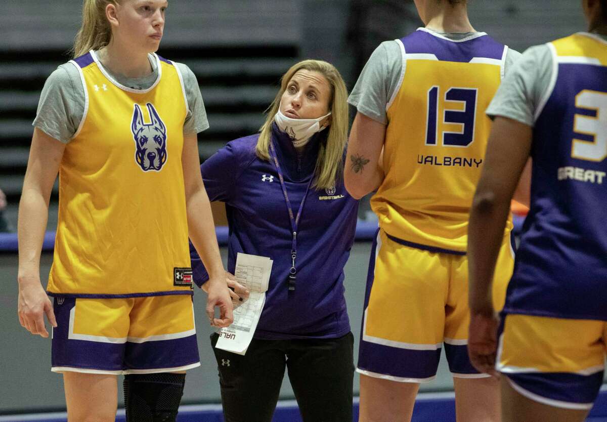 University at Albany women’s basketball head coach Colleen Mullen works with her team during practice on Wednesday, Sept. 29, 2021 in Albany, N.Y.