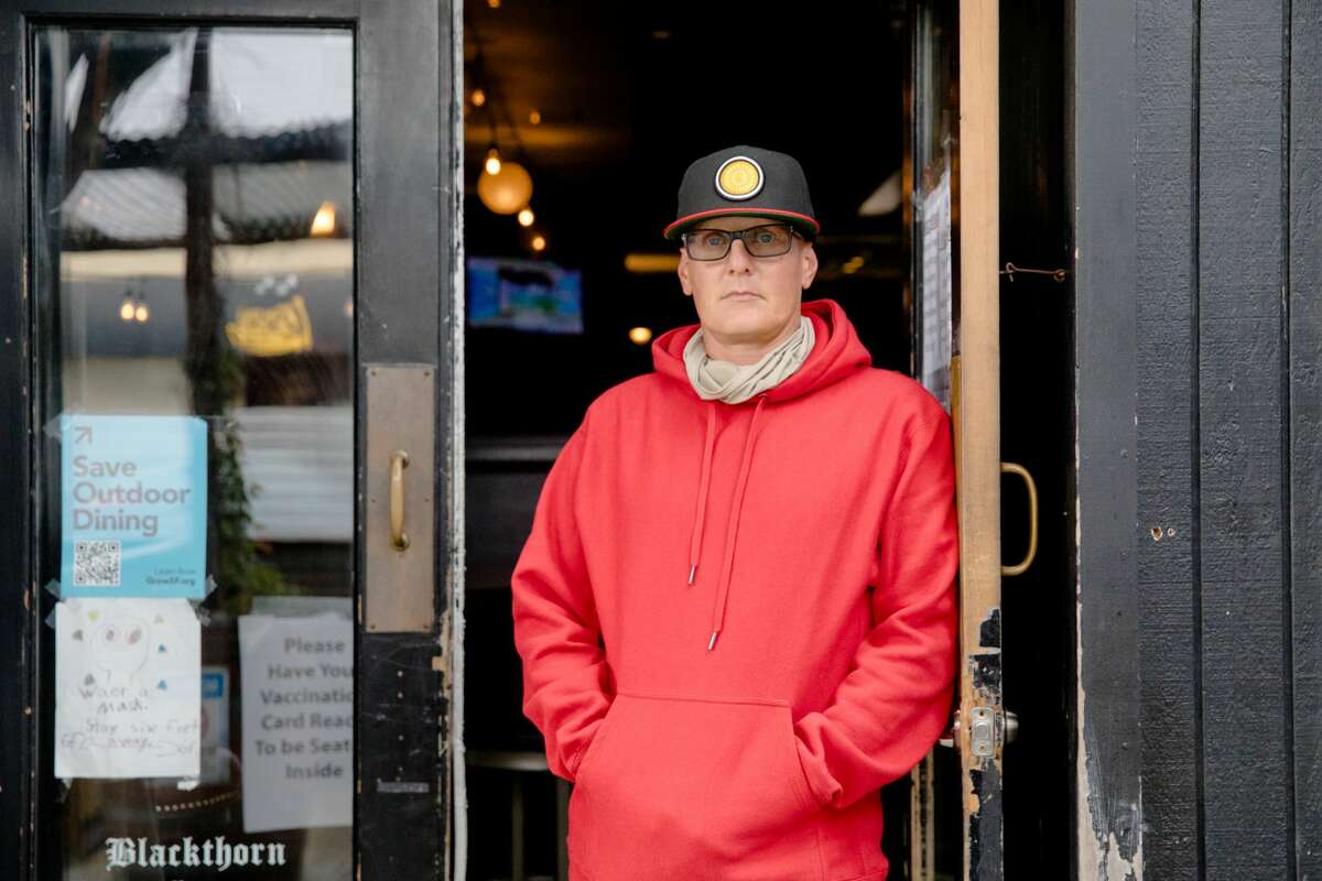 Co-owner Chris LaMotte stands in front of Blackthorn Tavern in San Francisco on Sept. 27, 2021.