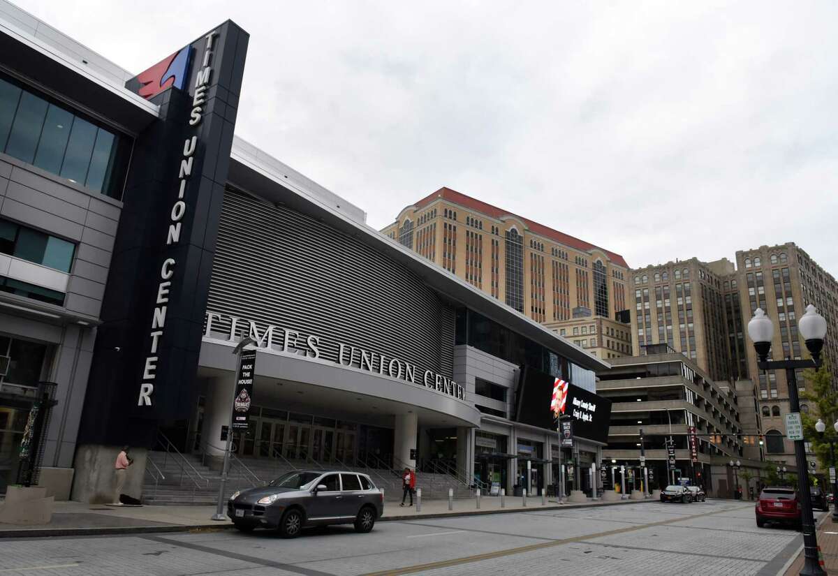 Exterior of the Times Union Center on Wednesday, Sept. 29, 2021, on South Pearl Street in Albany, N.Y. The Times Union declined to reup its 15-year run of naming rights to Albany's arena, citing efforts to expand staff and coverage in the Hudson Valley.