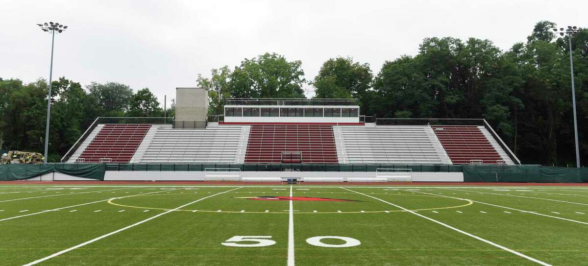 The work is ongoing at Greenwich High School’s Cardinal Stadium and the hope is it can be complete enough for the game to take place there on Saturday.