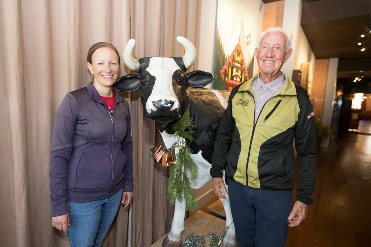 Matterhorn's current owner Natalie Horwath (left) and the original owner Gus Erpen pose for a photo on September 28, 2021 in the Matterhorn Restaurant in San Francisco.