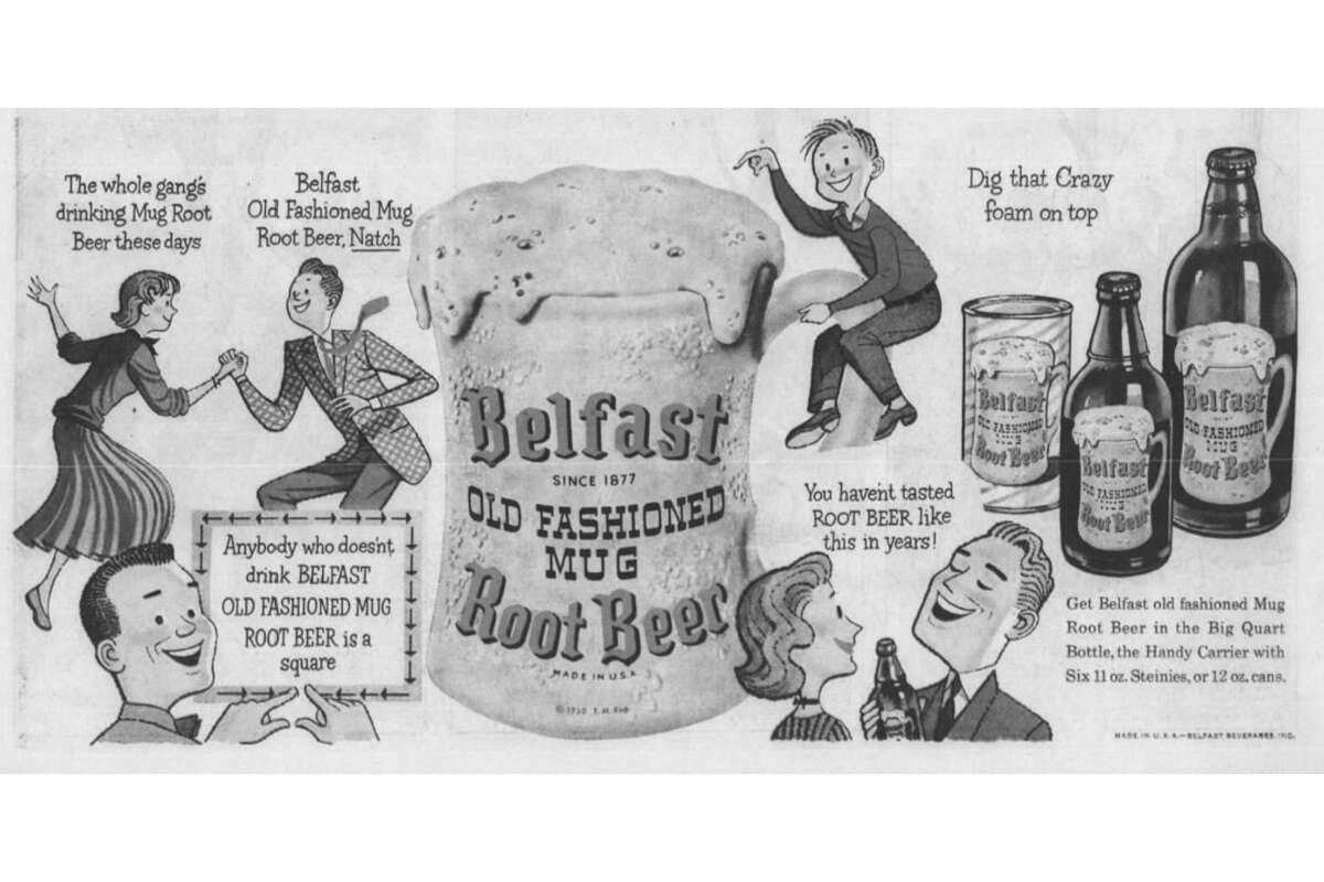 A Belfast Old Fashioned Mug Root Beer advertisement featured in a San Francisco Examiner in 1955. 