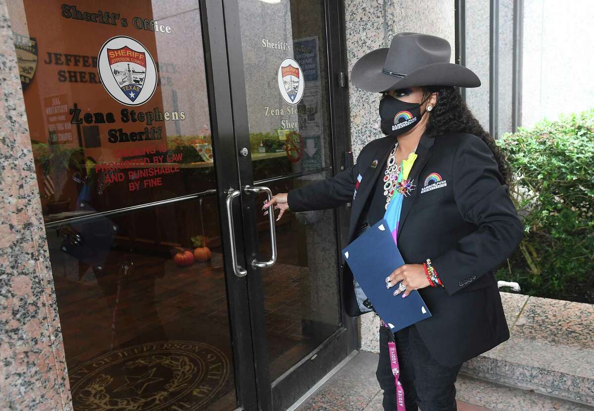 Dr. Candice Matthews with the Texas Rainbow PUSH Coalition heads into the Sheriff's Department to give a letter to Sheriff Zena Stephens demanding the release of the video footage in the case of Christopher Shaw. Photo made Thursday, September 30, 2021 Kim Brent/The Enterprise