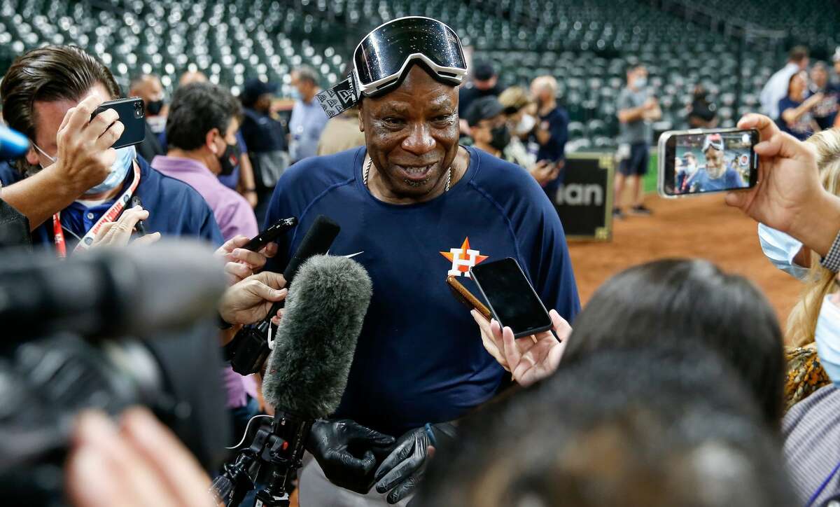 Astros manager Dusty Baker speaks with the media after clinching the American League West title with a win over the Tampa Bay Rays on Thursday, September 30, 2021 in Houston.