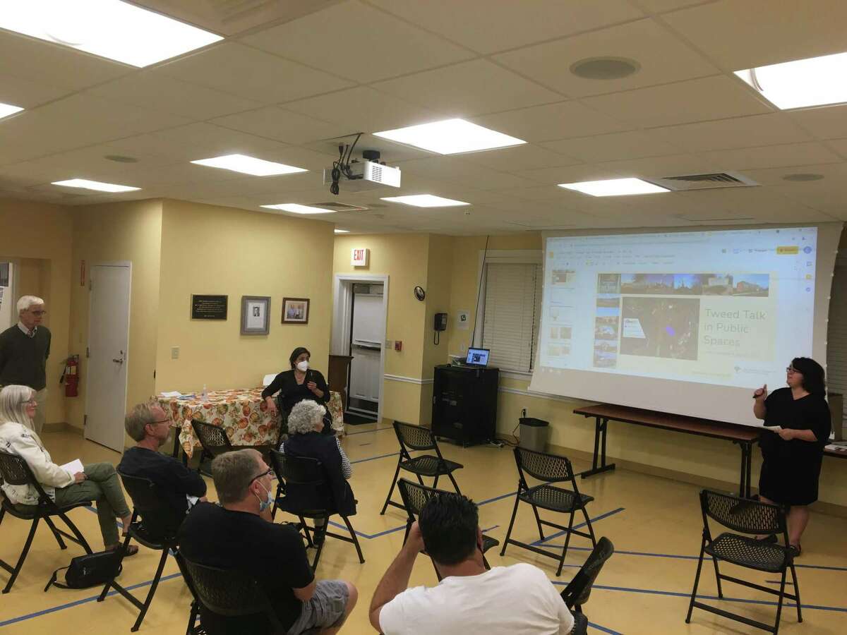 East Haven resident Lorena Venegas speaks to about a dozen attendees at a forum on Wednesday, Sept. 29, 2021 on proposed expansion of Tweed New Haven Regional Airport.