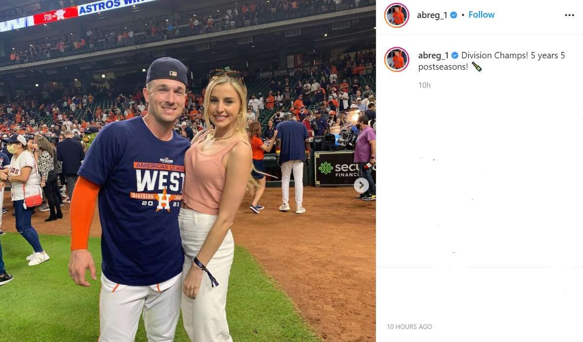 Astros third baseman Alex Bregman posted a photo on Instagram with his wife Reagan after the Astros clinched the American League West title on Thursday, Sept. 30, 2021.