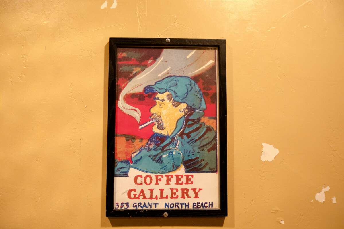 On the backstage wall of Maggie McGarry's in San Francisco hangs a poster for the Coffee Gallery, which was once a store on September 28, 2021.