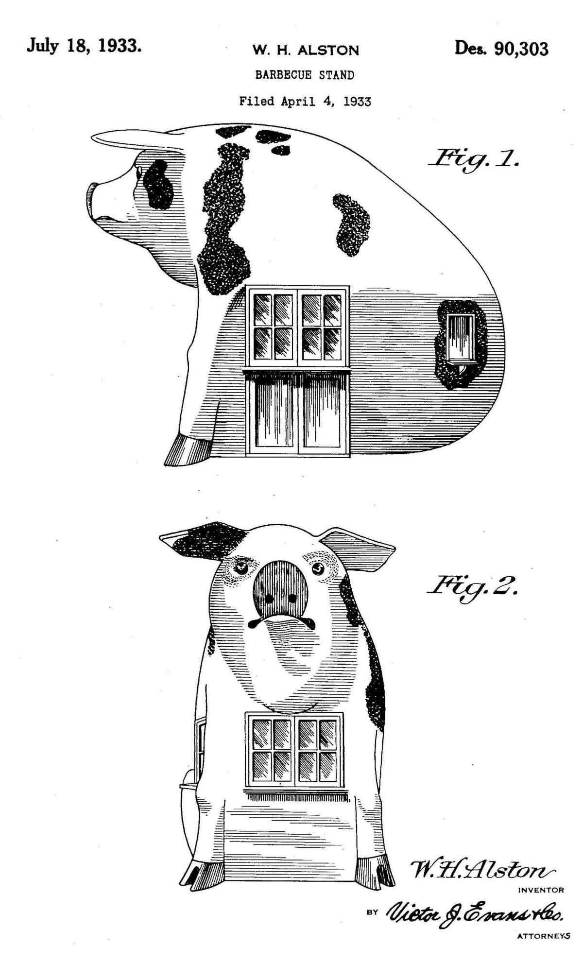 Illustrations of a pig-shaped barbecue stand from a 1933 patent application by William H. Alston of San Antonio. A similar structure at the old Pig Stand location in Southtown was reportedly built in 1935.