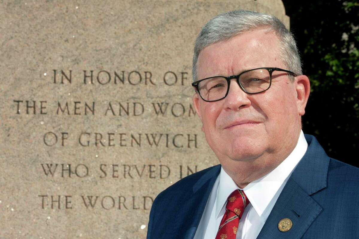 Greenwich businessman Tom Shull poses in front of the World War Obelisk Memorial in Greenwich, Conn., on Wednesday September 29, 2021. Shull received the 2021 Distinguished Graduate Award from West Point Association of Graduates. The award honors his lifelong staunch advocacy for warfighters, military families and veterans. Fewer than two-tenths of 1% of West Point’s graduates receive this honor.