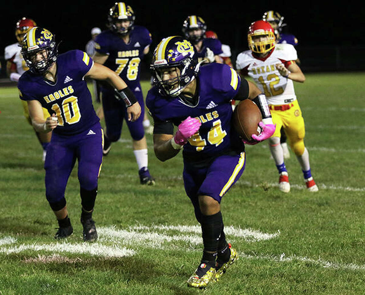 CM running back Miguel Gonzalez (44) returned the second-half kickoff 86 yards for a touchdown Friday against Highland, but the Eagles dropped a 34-14 Mississippi Valley conference decision at Hauser Field in Bethalto. Gonzalez is shown in action against Roxana earlier this season.
