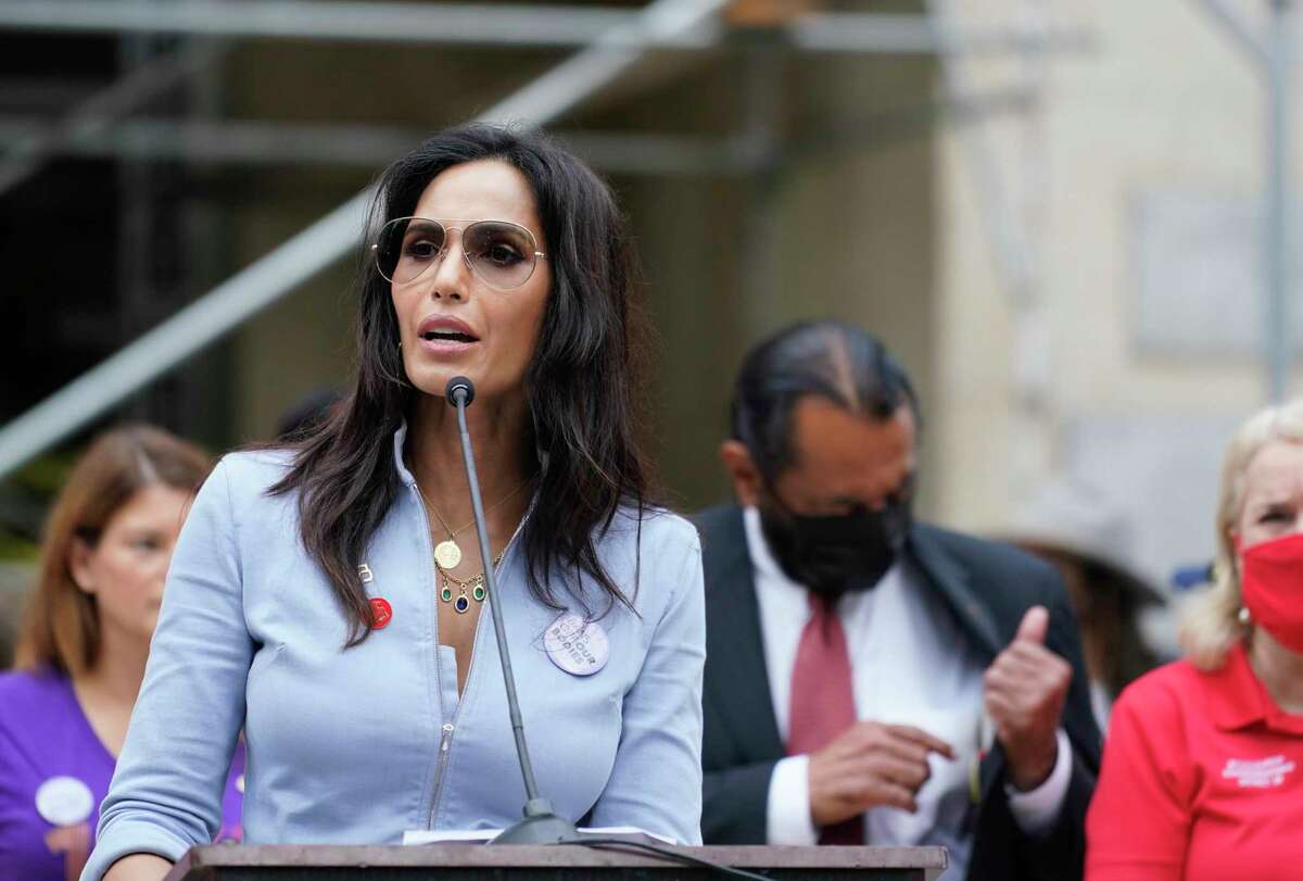 Padma Lakshmi of Top Chef speaks during Houston Women's March at City Hall Saturday, Oct. 2, 2021 in Houston.The roster of speakers Saturday included celebrity chefs Padma Lakshmi and Gail Simmons, who are in Houston filming the upcoming season of “Top Chef.” They were accompanied by fellow “Top Chef” judge Tom Colicchio, who stood offstage showing support.