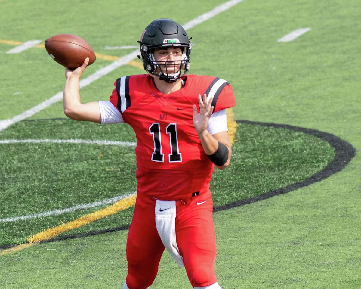 RPI quarterback George Marinopoulos looks for a receiver during a game against the University of Rochester at East Campus Stadium on the RPI campus in Troy, NY, on Saturday, Oct. 2, 2021. (Jim Franco/Special to the Times Union)