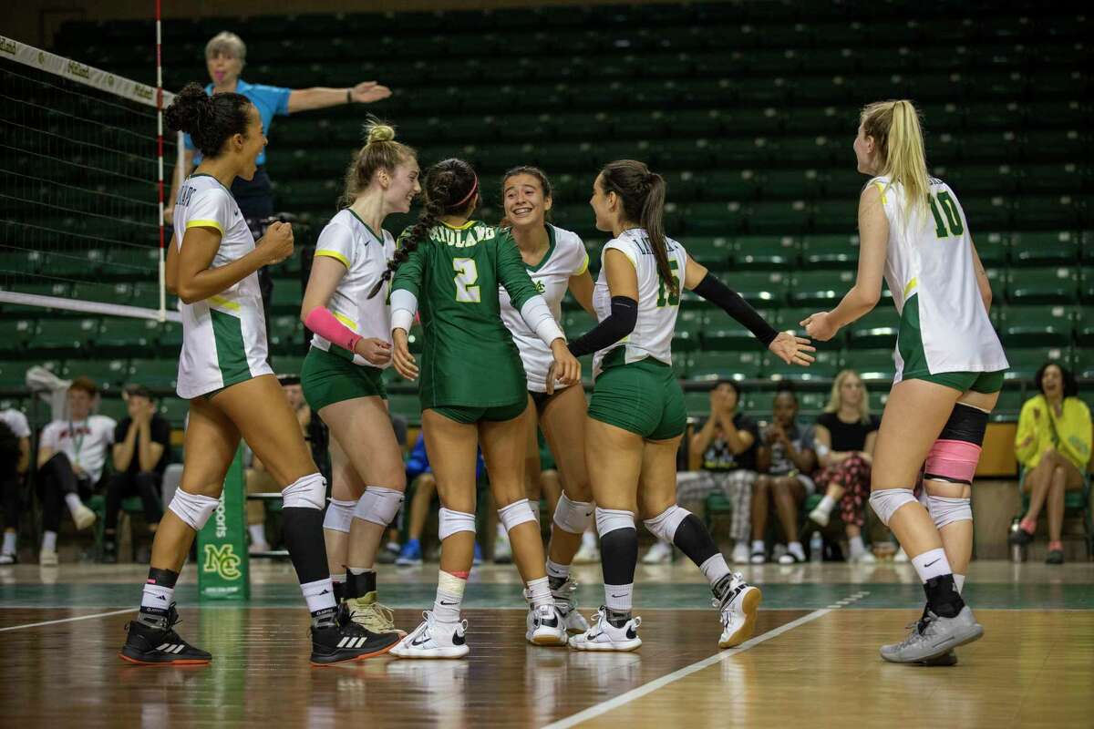 Midland College players celebrate after scoring a point Saturday, Oct. 2, 2021 at Chaparral Center. Jacy Lewis/Reporter-Telegram