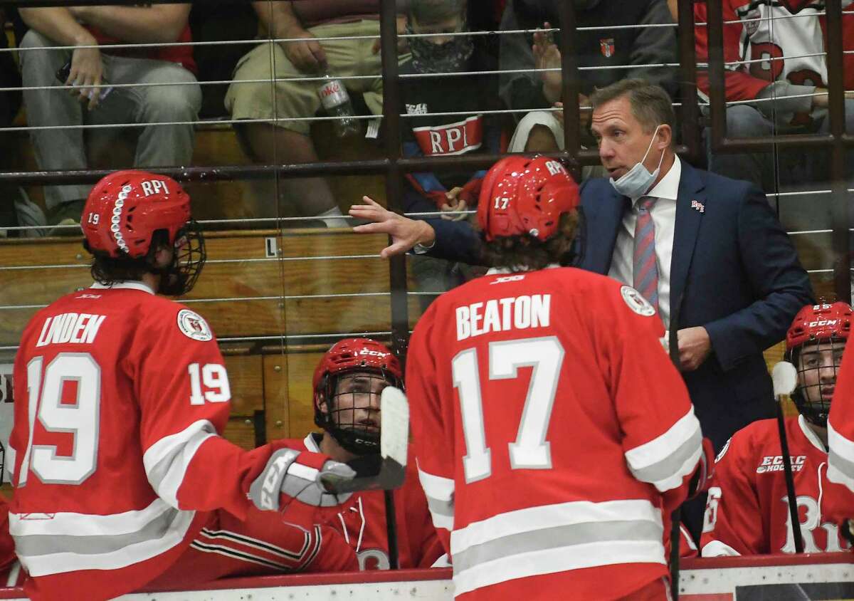 Rensselaer Polytechnic Institute head coach Dave Smith instructs his players against Union during the second period of an NCCA exhibition hockey game Saturday, Oct. 2, 2021, in Schenectady, N.Y. (Hans Pennink/Special to the Times Union) ORG XMIT: 100321_collegehockey_HP111