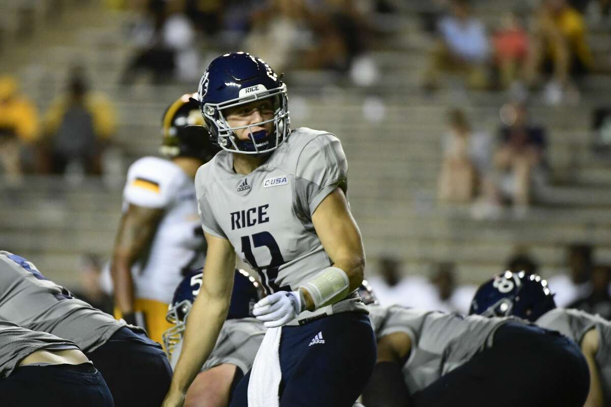 Rice quarterback Luke McCaffrey (12) looks back before the snap against Southern Miss during the second half of an NCAA football game on Saturday, Oct. 2, 2021, in Houston, Texas.
