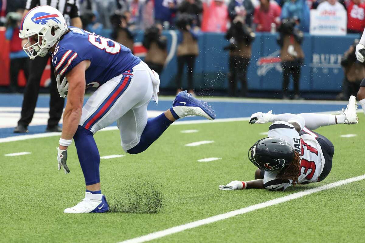 Buffalo Bills quarterback Josh Allen (17) runs onto the field prior to the  second half of an NFL football game against the Houston Texans in Orchard  park, N.Y., Sunday Oct. 3, 2021. (