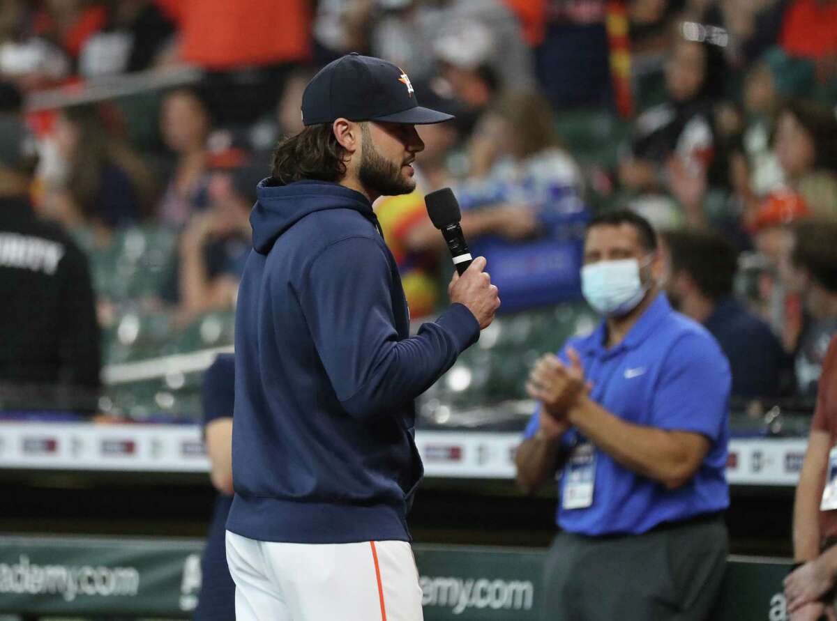Houston Astros pitcher Lance McCullers Jr. speaks to the fans before the start of the first inning of an MLB baseball game at Minute Maid Park, Sunday, October 3, 2021, in Houston.
