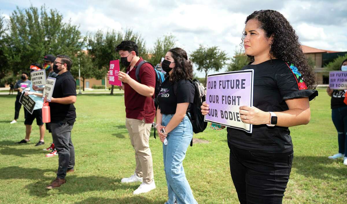 Candidate for Congress TX-28 Tannya Benavides is pictured alongside students as they gather at TAMIU to voice their disapproval for Texas' restrictions on abortion, Friday, Oct. 1, 2021 during a rally for reproductive justice.