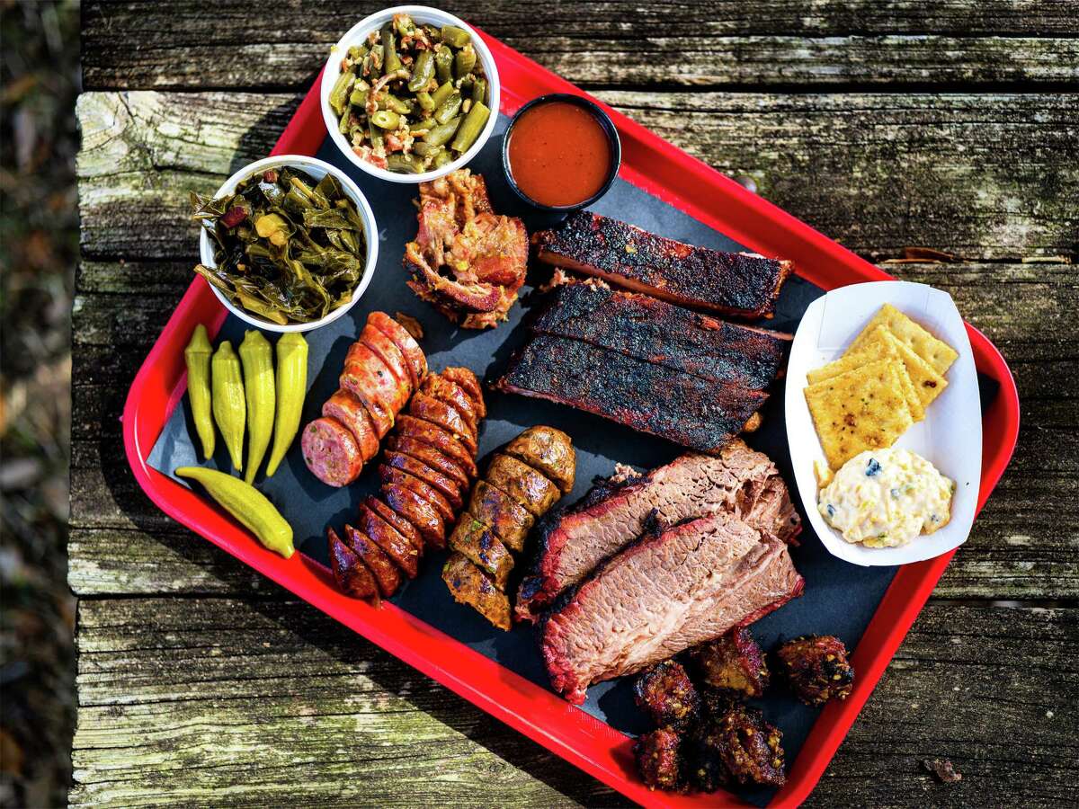 Assorted barbecue platter at Dozier's BBQ in Fulshear.