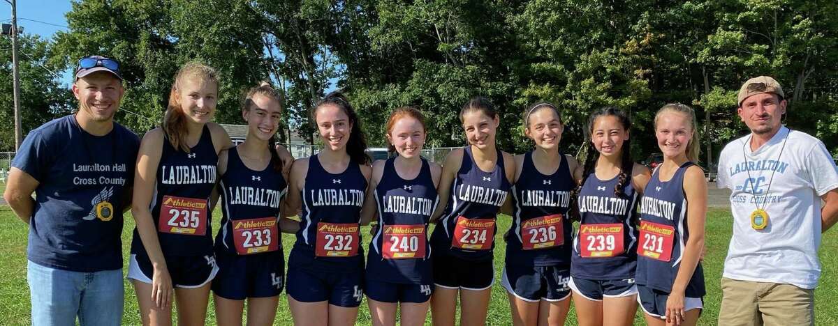 Coach Ellis Gill, Grace McCormack, Kelly Jones, Brooke Jones, Maggie Willer, Julianna LaMagna, Laurel Micholovich, Isabella Thomas, Carys Cook and assistant coach Chris DelVecchio made the trek to the SCC Quinnipiac Division championships.