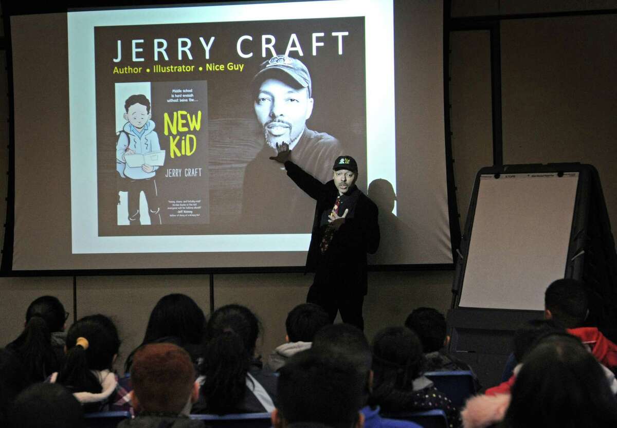Author and cartoonist Jerry Craft celebrates his new book “New Kid” on Feb. 26, 2019, at the Norwalk Public Library in Norwalk, Conn. Craft shared stories of his career and the writing of his latest title “New Kid” with guests.