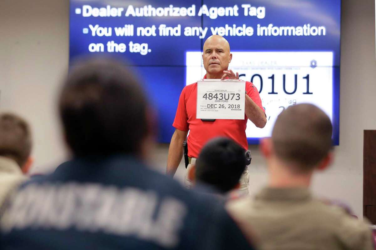 Travis County Precinct 3 Constable Sgt. Jose Escribano teaches a class for area law enforcement officers on fake paper license tags at the Woodlands Emergency Training Center Friday, Sep. 24, 2021 in Conroe.