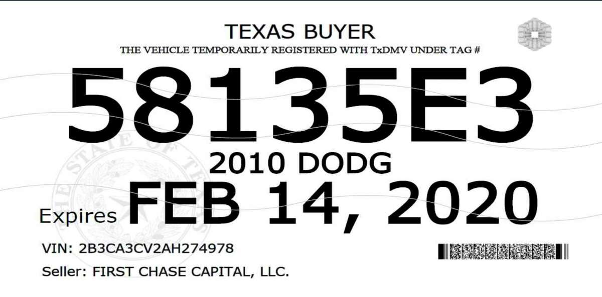 A typical Texas buyer tag. Police estimate up to 2 million fraudulent vehicle tags are entered into the state’s system.