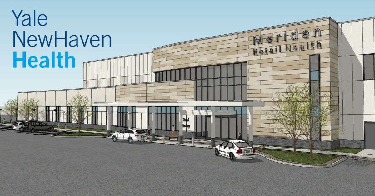 An artist’s rendering of what the exterior of the former Macy’s department store at the Meriden Mall will look like after it has been renovated by Yale New Haven Health System, which has purchased the former anchor store.