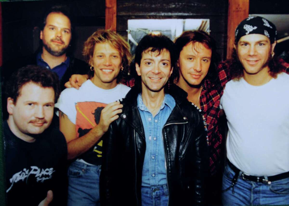 Mike Spoerndle (top left) and Brian Phelps (bottom left) with Bon Jovi at Toad's Place in New Haven in 2011.