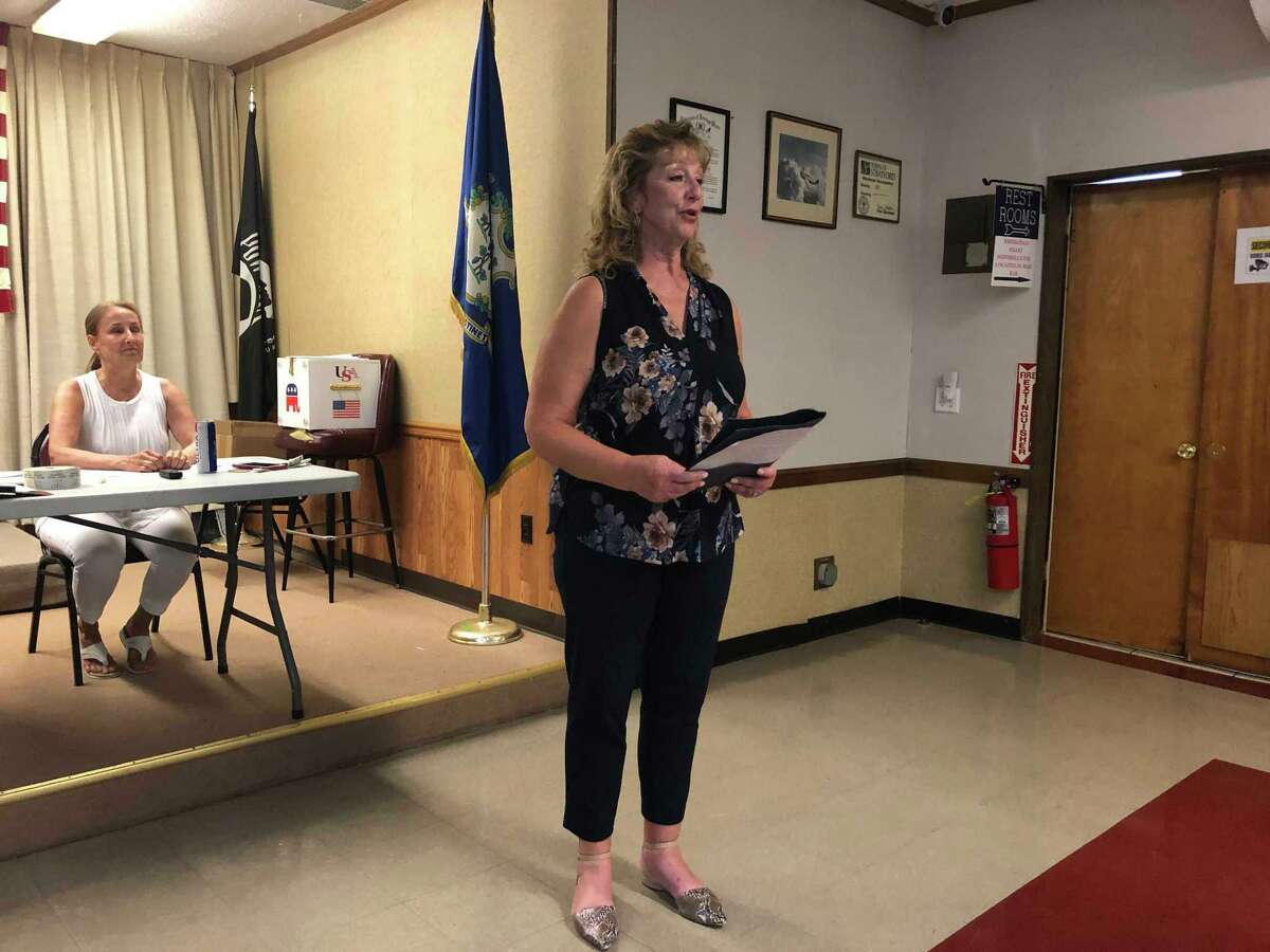 Stratford Mayor Laura Hoydick speaks after being endorsed for re-election by the Republican Town Committee at the Veterans of Foreign Wars hall July 27, 2021.