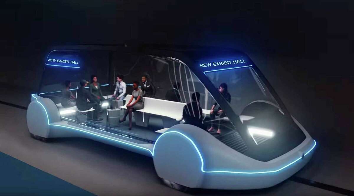 This undated conceptual drawing provided by The Boring Company shows a high-occupancy Autonomous Electric Vehicle (AEV) that would run in a tunnel between exhibition halls at the Las Vegas Convention Center proposed for Las Vegas. Entrepreneur Elon Musk's dream of a tunnel transit system may finally become a reality in Las Vegas. Tourism officials in Sin City announced Wednesday, March 6, 2019, they might soon grant him a contract to build and operate a mile-and-a-quarter-long project with autonomous electric vehicles to move people around a mega convention center. (The Boring Company via AP)