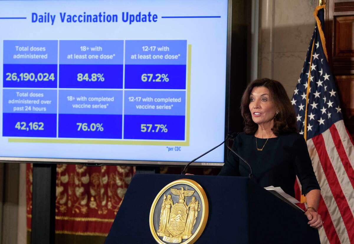 Gov. Kathy Hochul holds a COVID-19 briefing at the Capitol on Tuesday, Oct, 5, 2021 in Albany, N.Y.