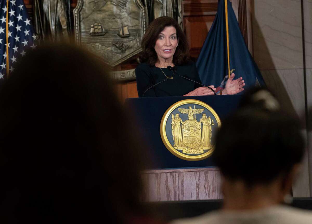 Gov. Kathy Hochul answers questions from the press as she holds a COVID-19 briefing at the Capitol on Tuesday, Oct, 5, 2021 in Albany, N.Y.