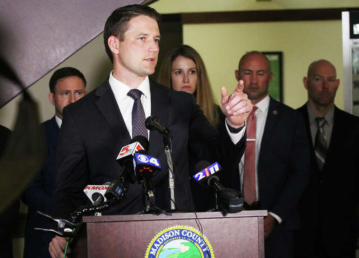 Madison County State’s Attorney Tom Haine speaks during a press conference Tuesday about a guilty plea by Timothy Banowetz for the murder of prominent Edwardsville Attorney Randy Gori. Banowetz accepted a plea bargin just before opening statements were set to be made in his trial.