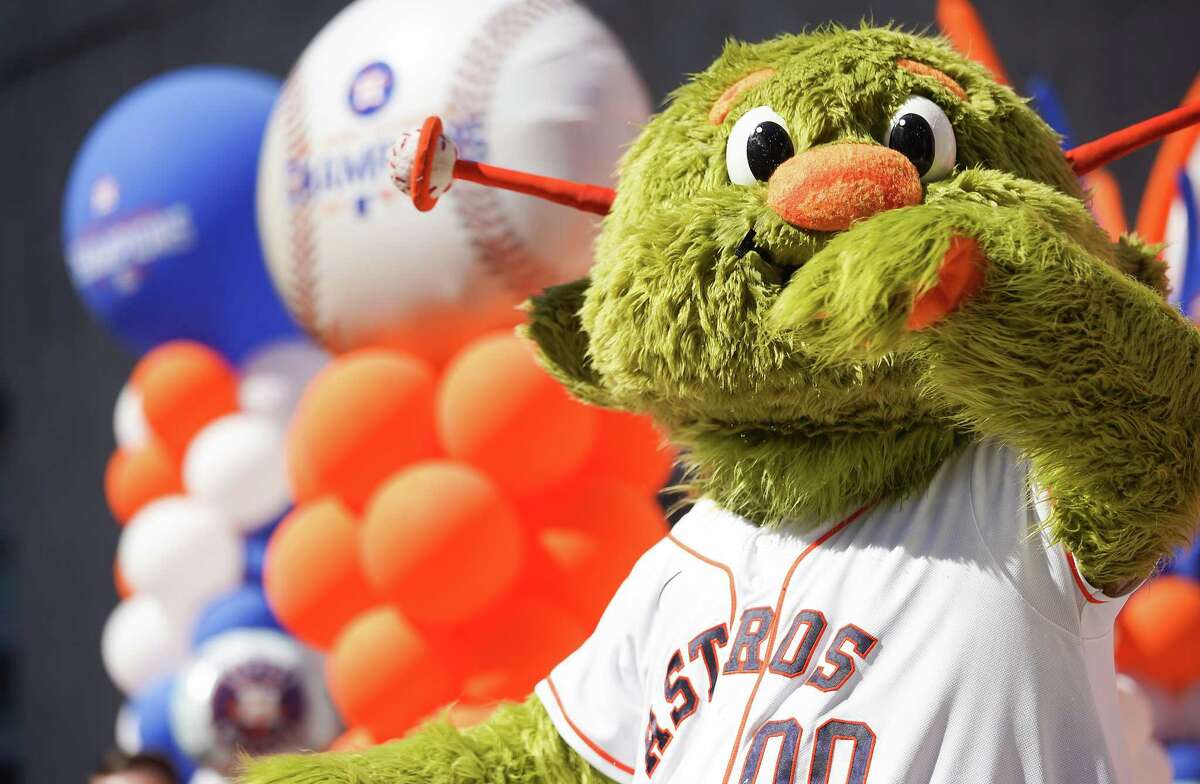 Houston Astros mascot Orbit entertains the crowd during the City of Houston's rally for the Astros and their AL West Division Championship on Tuesday, Oct. 5, 2021. The Astros take on Chicago White Sox at 3:07 pm Thursday to kick off their playoff series.