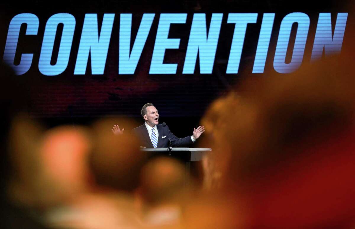 Ronnie Floyd, president and CEO of the Southern Baptist Convention's Executive Committee, speaks before the introduction of new motions on the first day of the SBC's annual meeting on Tuesday, June 11, 2019, in Birmingham.