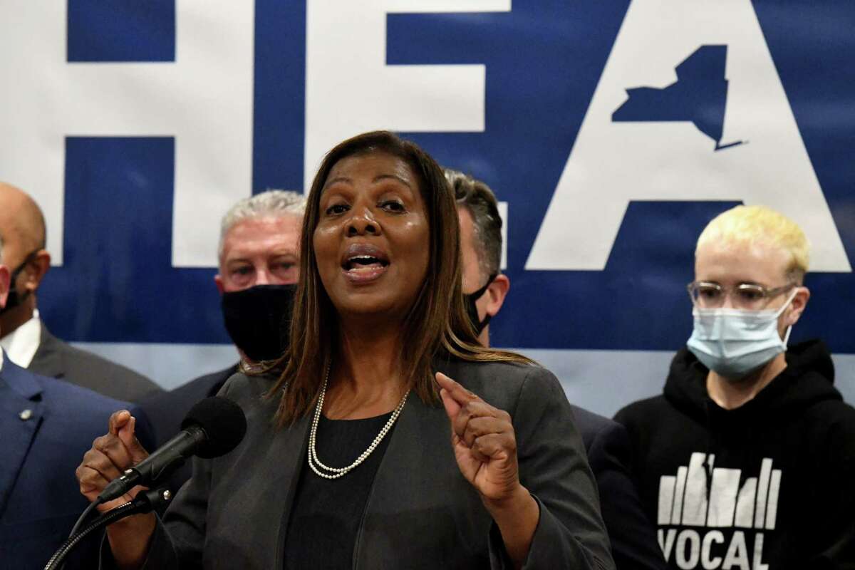 New York State Attorney General Tish James speaks in Albany in October. James has floated a general proposal to fund abortions for those from out-of-state.