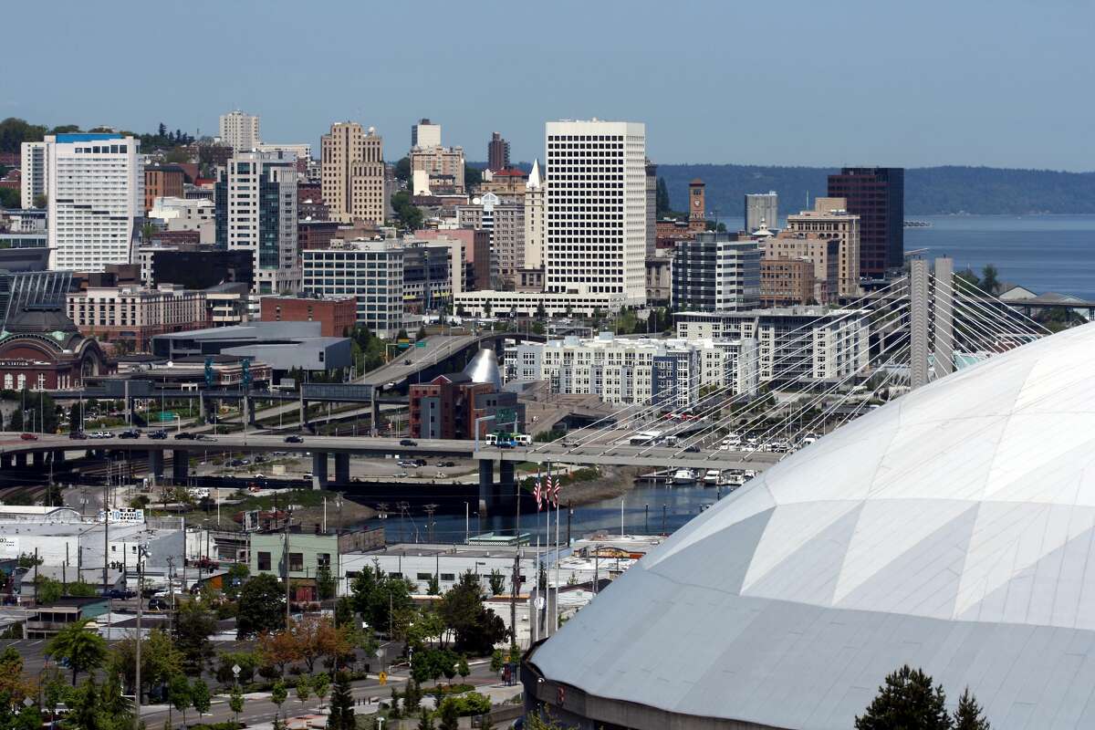 Beautiful day in Tacoma Washington. The Tacoma Dome is at right, the Chihuli Museum of Glass at center and the rest of downtown is in the background.