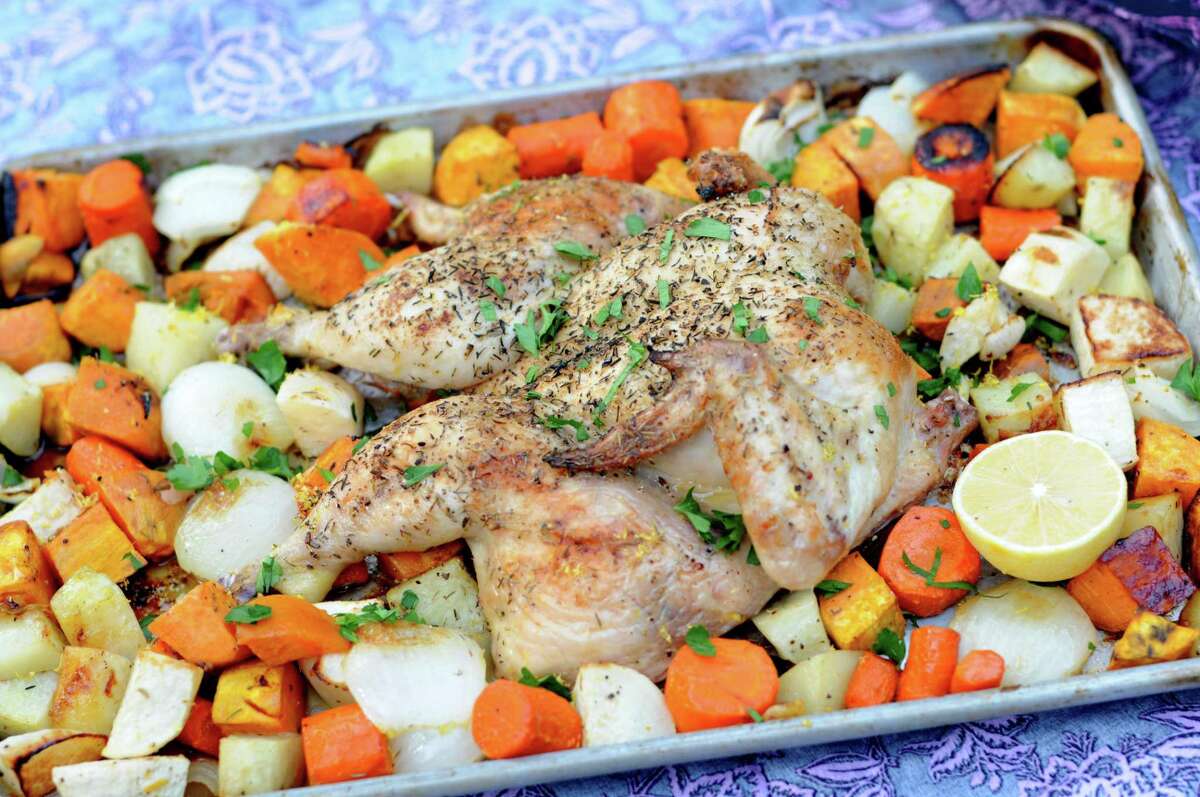 Sheet Pan Spatchcock Chicken with Lemon and Root Vegetables