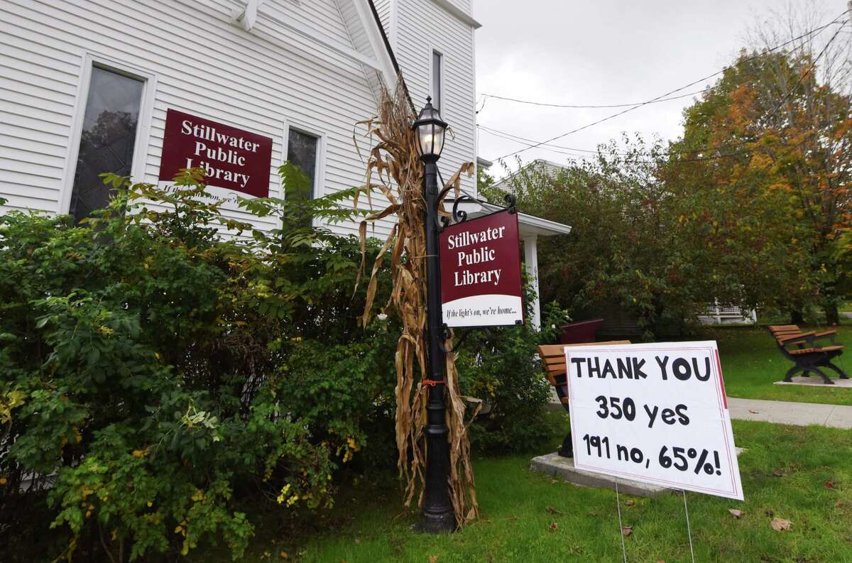 A sign outside the Stillwater Public Library thanks voters for approving construction of a new expanded library on Wednesday, Oct. 6, 2021, in Stillwater, N.Y. The move would allow Stillwater to offer services that most libraries already provide.