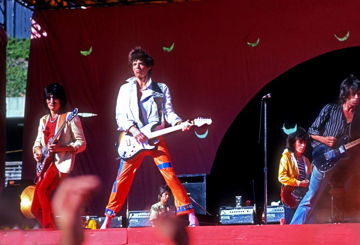The Rolling Stones Ron Wood, Mick Jagger, Ian Stewart, Bill Wyman and Keith Richards perform on stage during the Day on the Green #4 concert on July 26, 1978 at the Oakland Coliseum in Oakland, California.