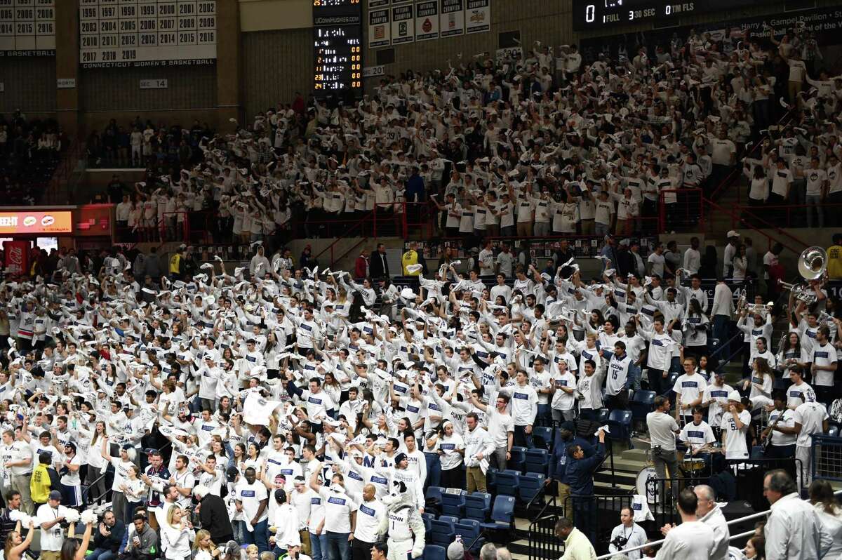 STORRS, CT - NOVEMBER 17: UConn Huskies student section cheers the team on during the game as the Florida Gators take on the UConn Huskies on November 17, 2019, at Gampel Pavilion in Storrs, Connecticut. (Photo by Williams Paul/Icon Sportswire via Getty Images)
