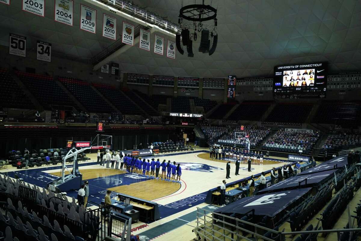 Feb 10, 2021; Storrs, Connecticut, USA; The UConn Huskies and Seton Hall Pirates stand for the singing of “Lift Every Voice and Sing” before the start of the game at Harry A. Gampel Pavilion. Mandatory Credit: David Butler II-USA TODAY Sports