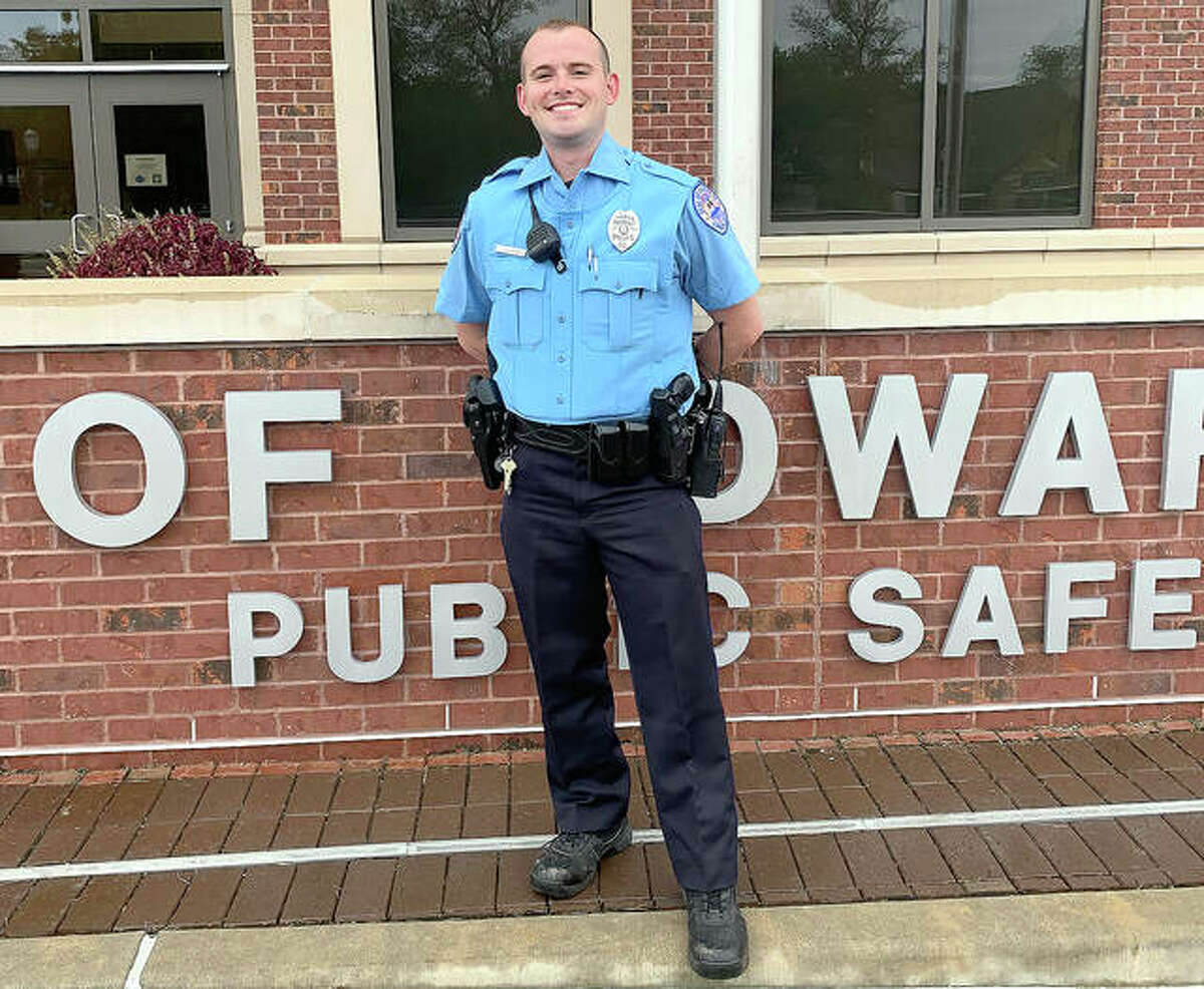 Luke Whalen in front of the Edwardsville Public Safety Building Tuesday. He joins the Edwardsville Police Department as its newest officer, after garnering experience as a police explorer for a year.