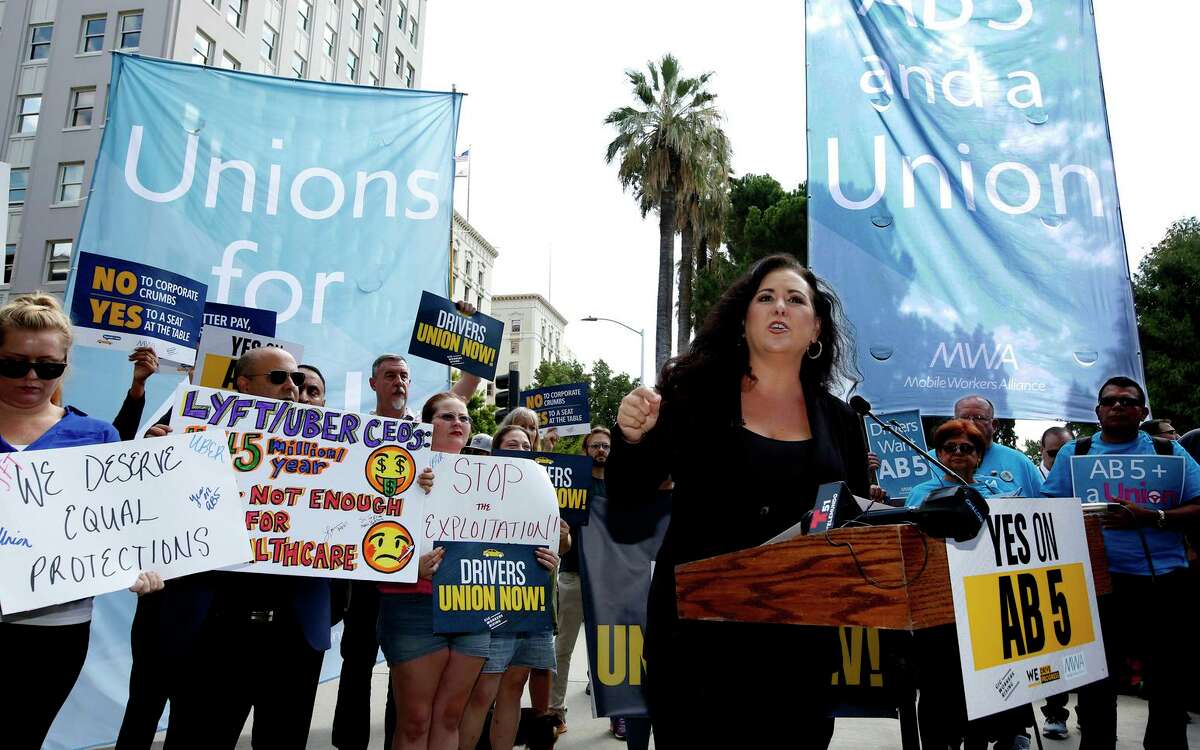 In this Aug. 28, 2019, file photo, Assemblywoman Lorena Gonzalez, D-San Diego, speaks at rally calling for passage of AB5, a law limiting when employers can classify workers as independent contractors. The law survived a challenge before the Ninth U.S. Circuit of Appeals in San Francisco on Wednesday.