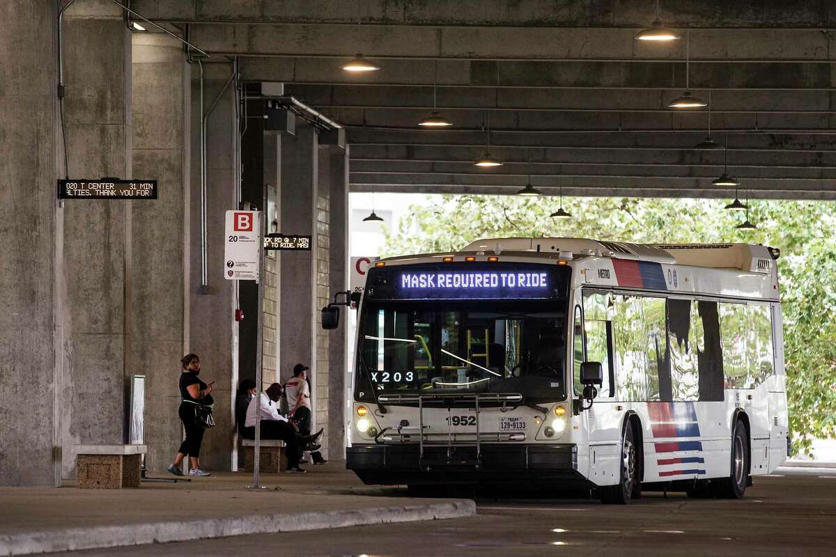 A Metro Silver Line bus awaits riders at the Westpark/Lower Uptown Transit Center near the Galleria on Aug. 26, 2021 in Houston. Metro ridership dropped sharply during the pandemic, but a new study suggests it was still a vital lifeline for those in critical jobs.